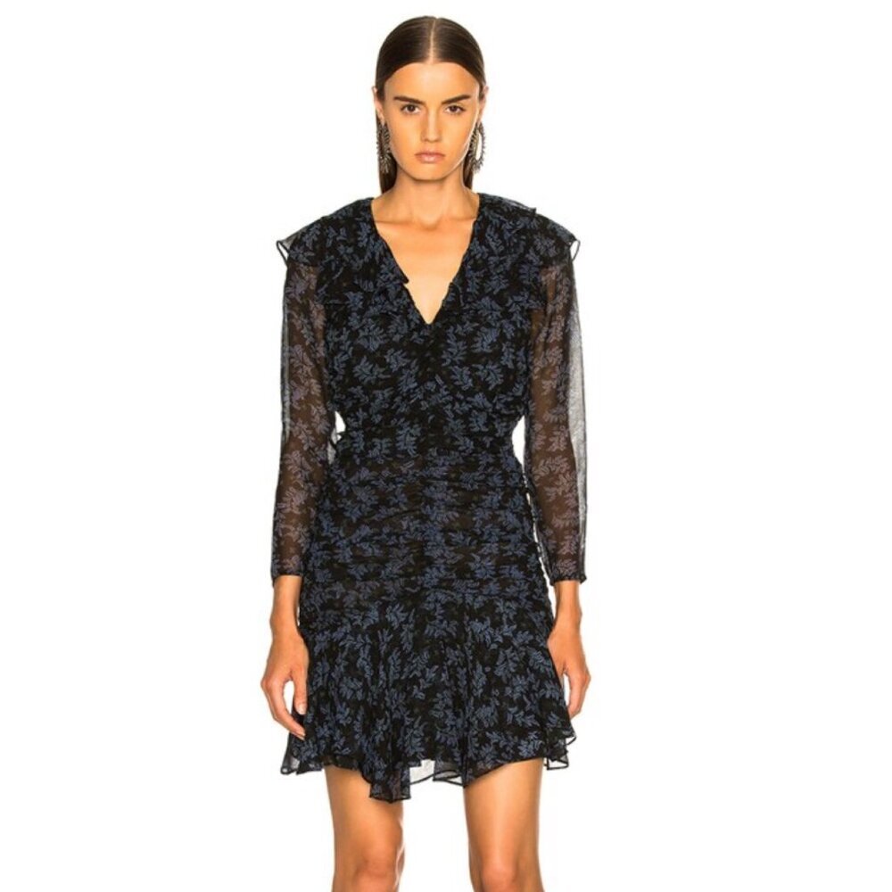 Veronica Beard Magg Long Sleeve V-Neck Ruffled Trim Silk Dress in Fern